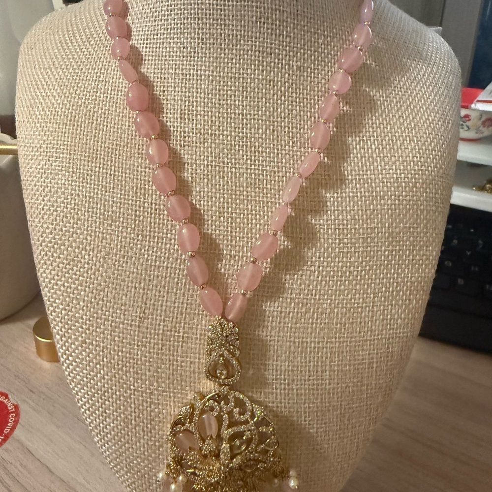 Pink Quartz Chain with Gold Crystal Pendant Necklace Jewelry Vintage Style